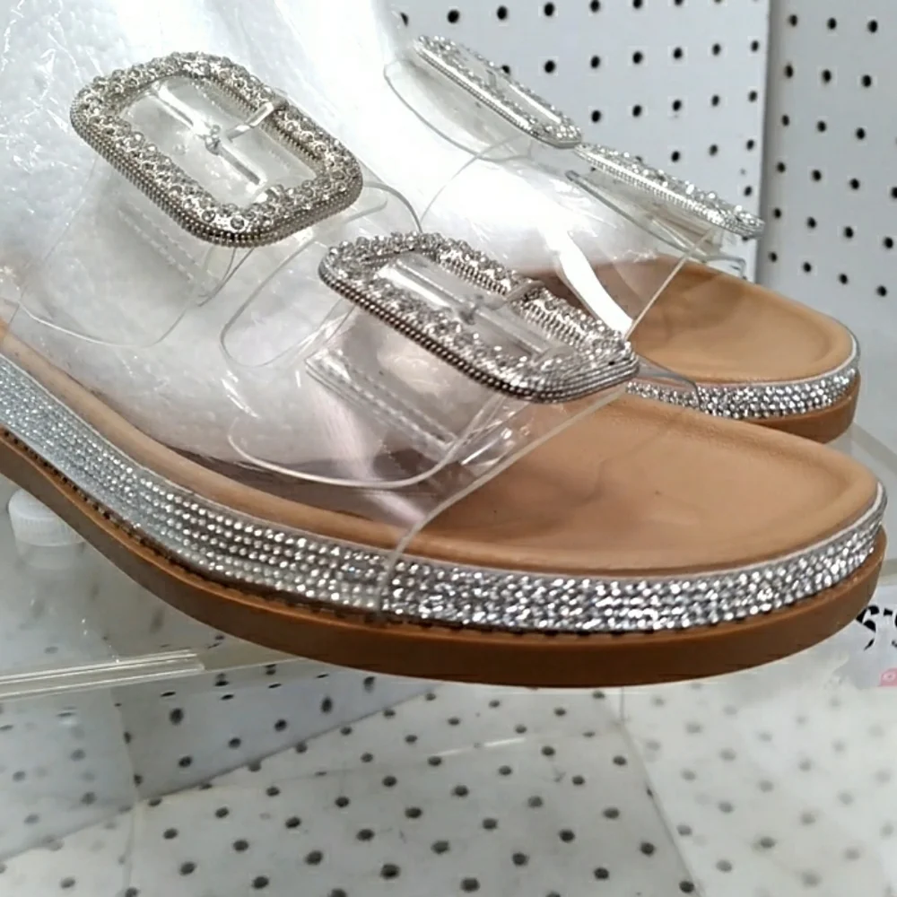 C Comfort | Women's Silver Sandals Rhinestone Flat Wedge Heel Strap Buckle Slide - Picture 4 of 9